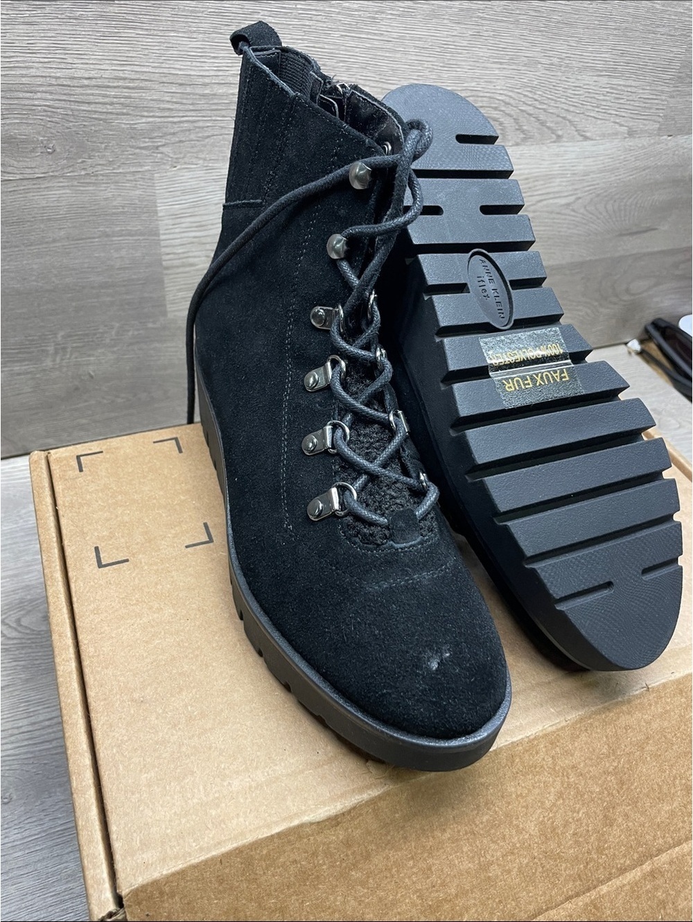 Anne Klein Black Suede Lace-Up Women's Ankle Boots #229